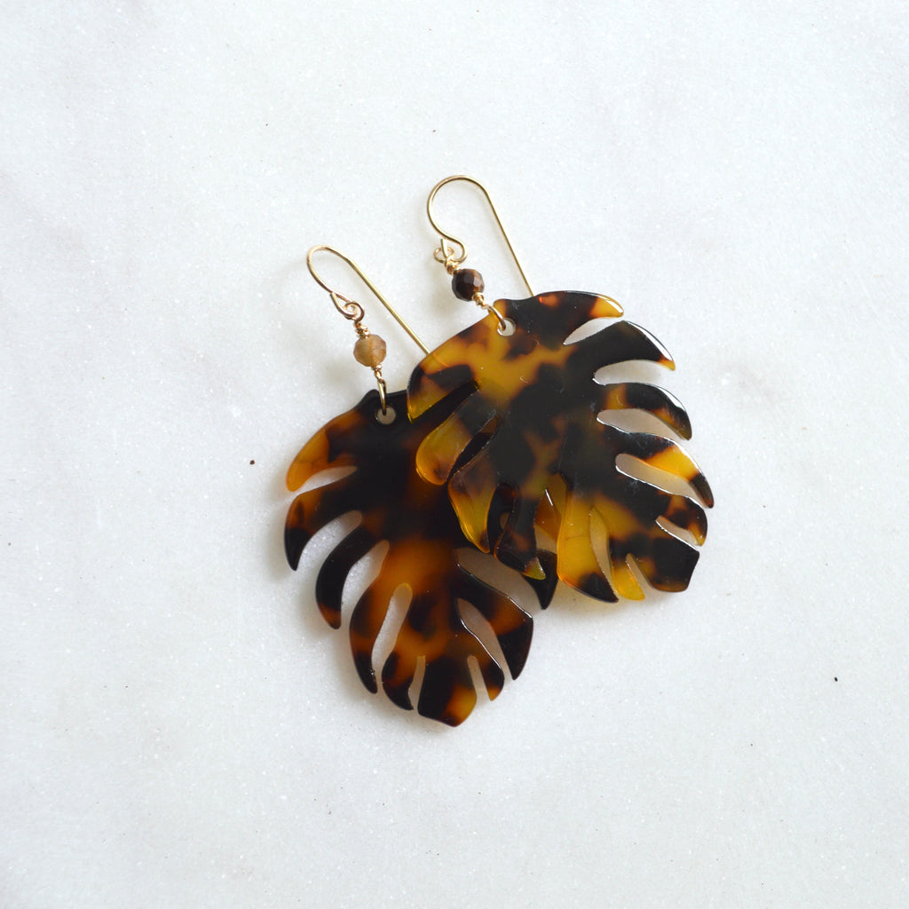 monstera leaf earrings Large Tortoise Monstera Leaf Earrings