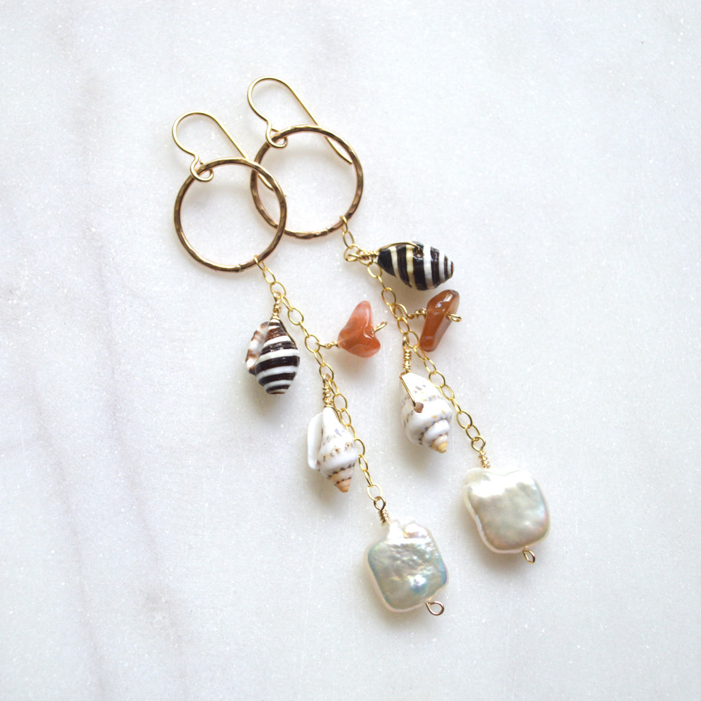 Dangling shells & pearls hoop earrings