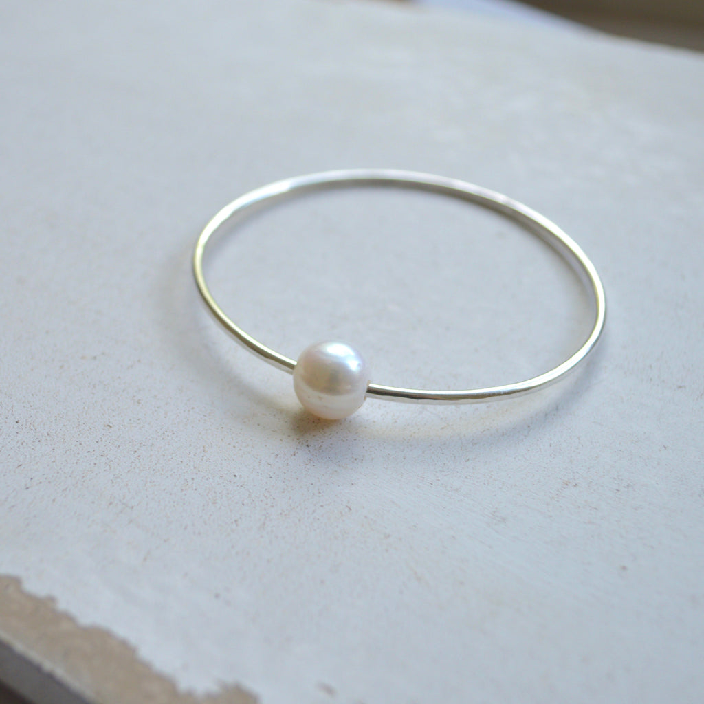 White Pearl Bangle in Sterling