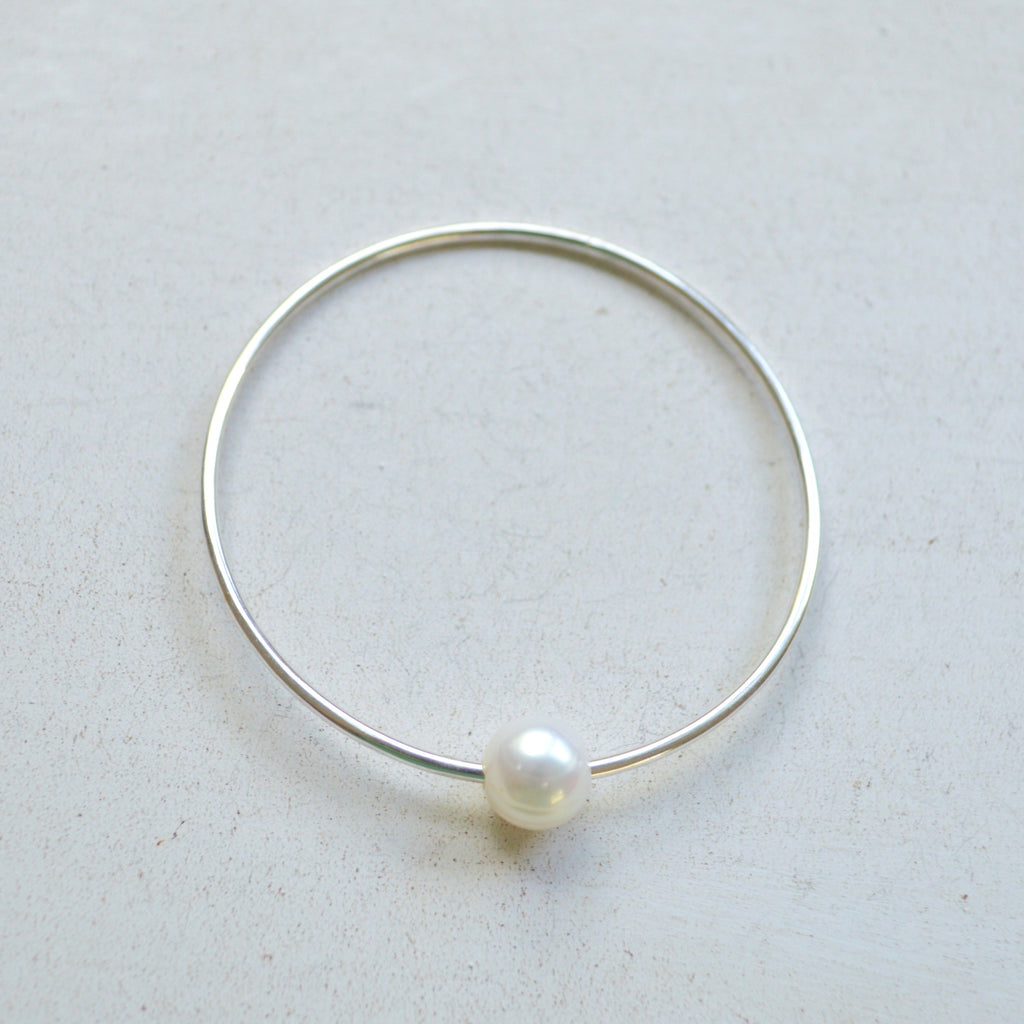 White Pearl Bangle in Sterling