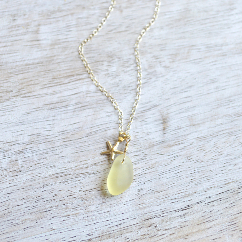 Tiny Sea Glass & Starfish Necklace in Gold