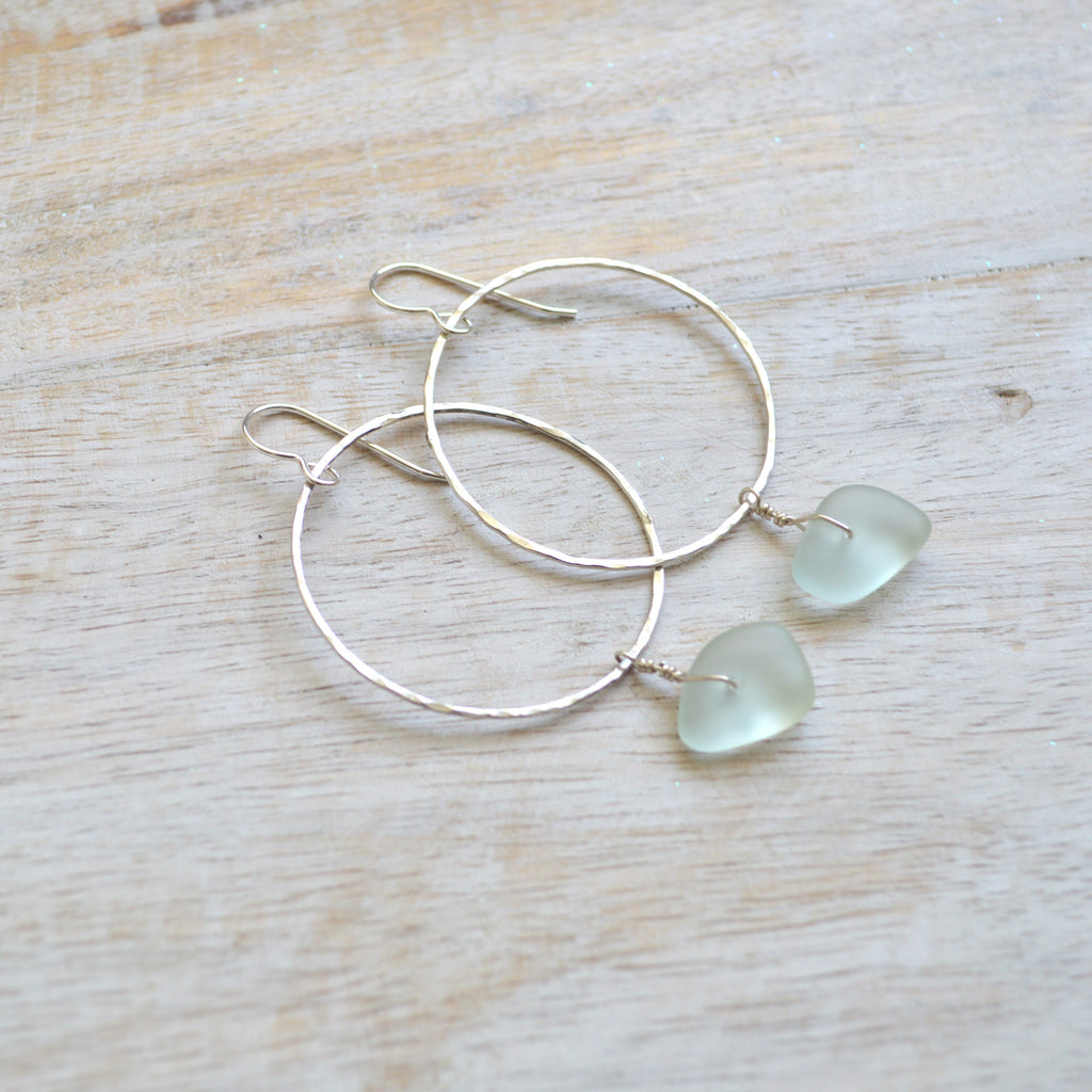 Sea Foam Frosted Glass Hoops in Sterling or Gold