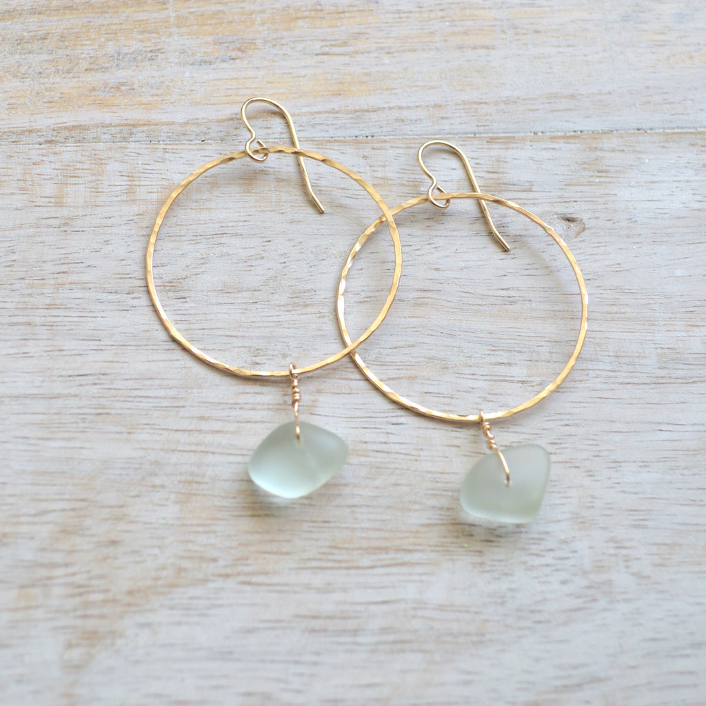 Sea Foam Frosted Glass Hoops in Sterling or Gold