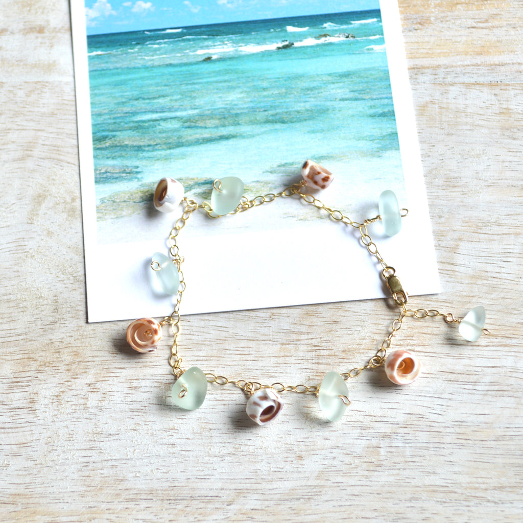 Puka Shell & Frosted Glass Chain Bracelet
