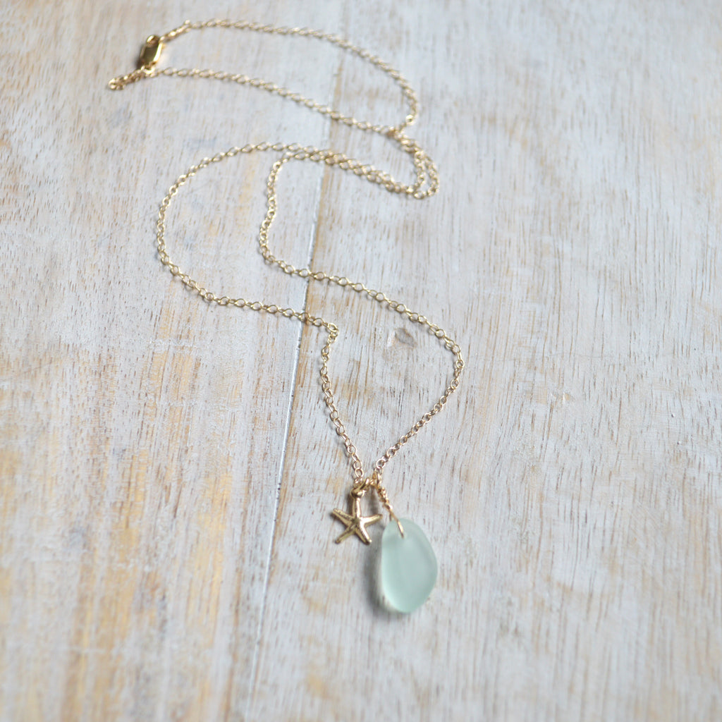 Tiny Sea Glass & Starfish Necklace in Gold