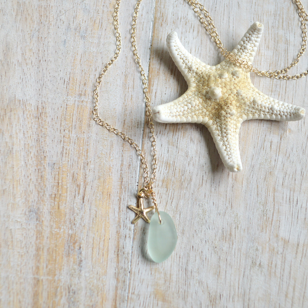 Tiny Frosted Glass & Starfish Necklace in Gold