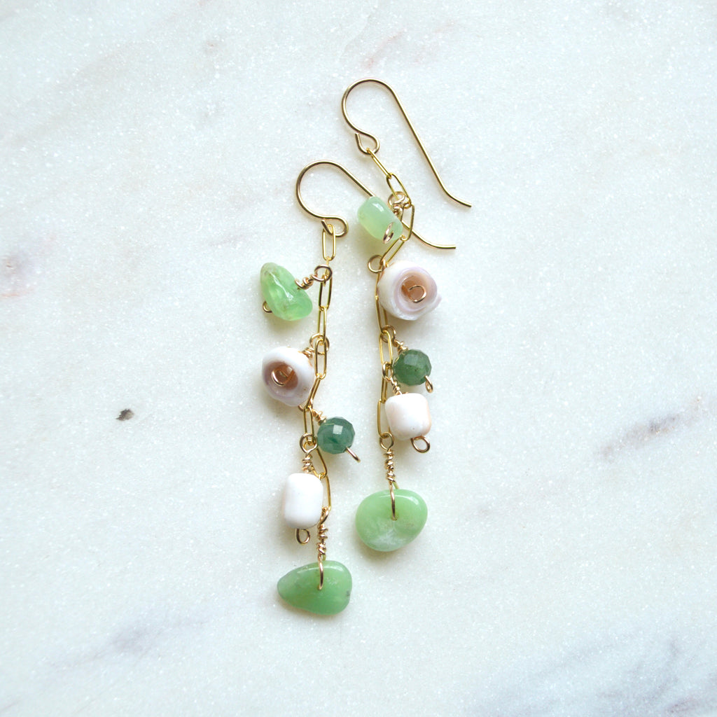 Puka Shell and Green Gemstone Earrings