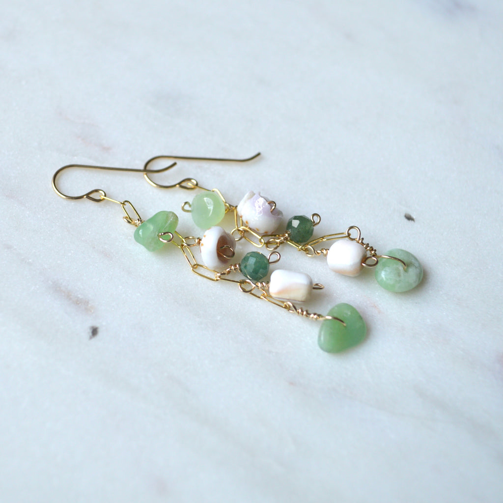 Puka Shell and Green Gemstone Earrings