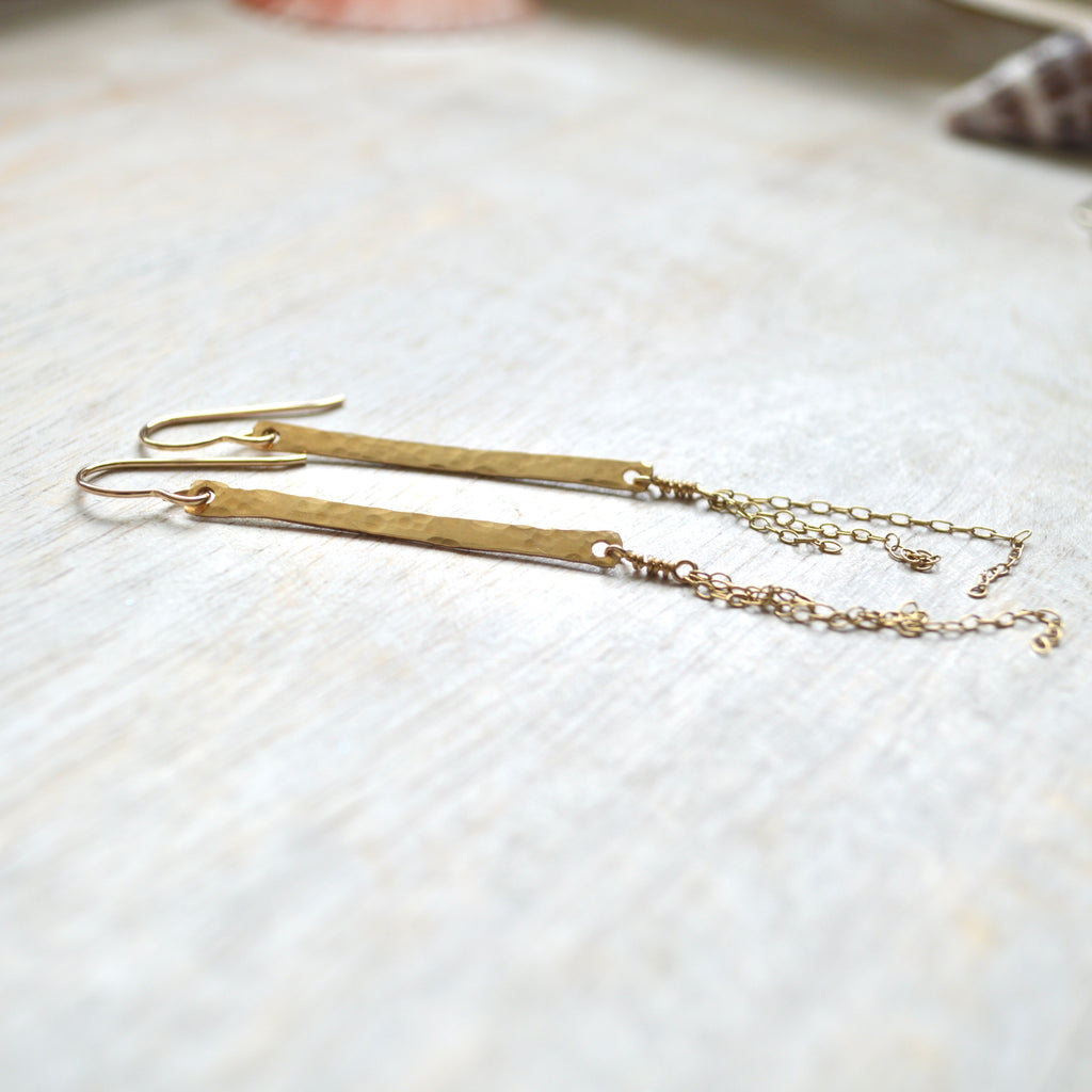 Hammered Bar with Chain Earrings in Sterling or Gold