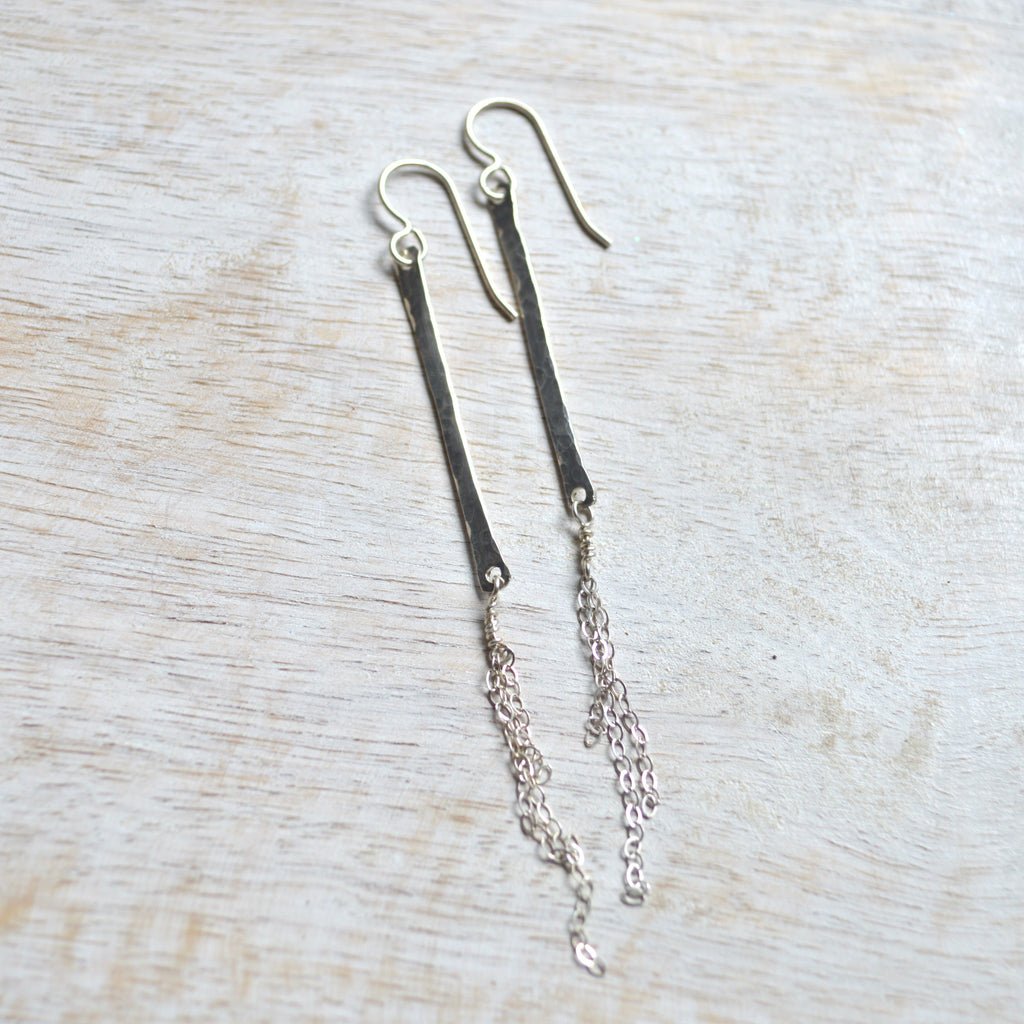 Hammered Bar with Chain Earrings in Sterling or Gold