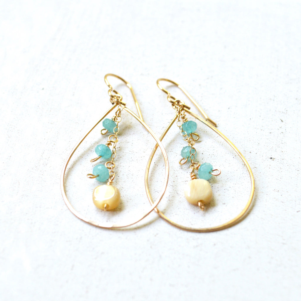 Aqua Jade and MOP Dangling Teardrop Earrings in Gold