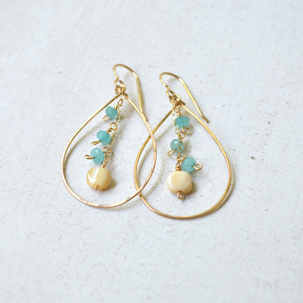 Aqua Jade and MOP Dangling Teardrop Earrings in Gold