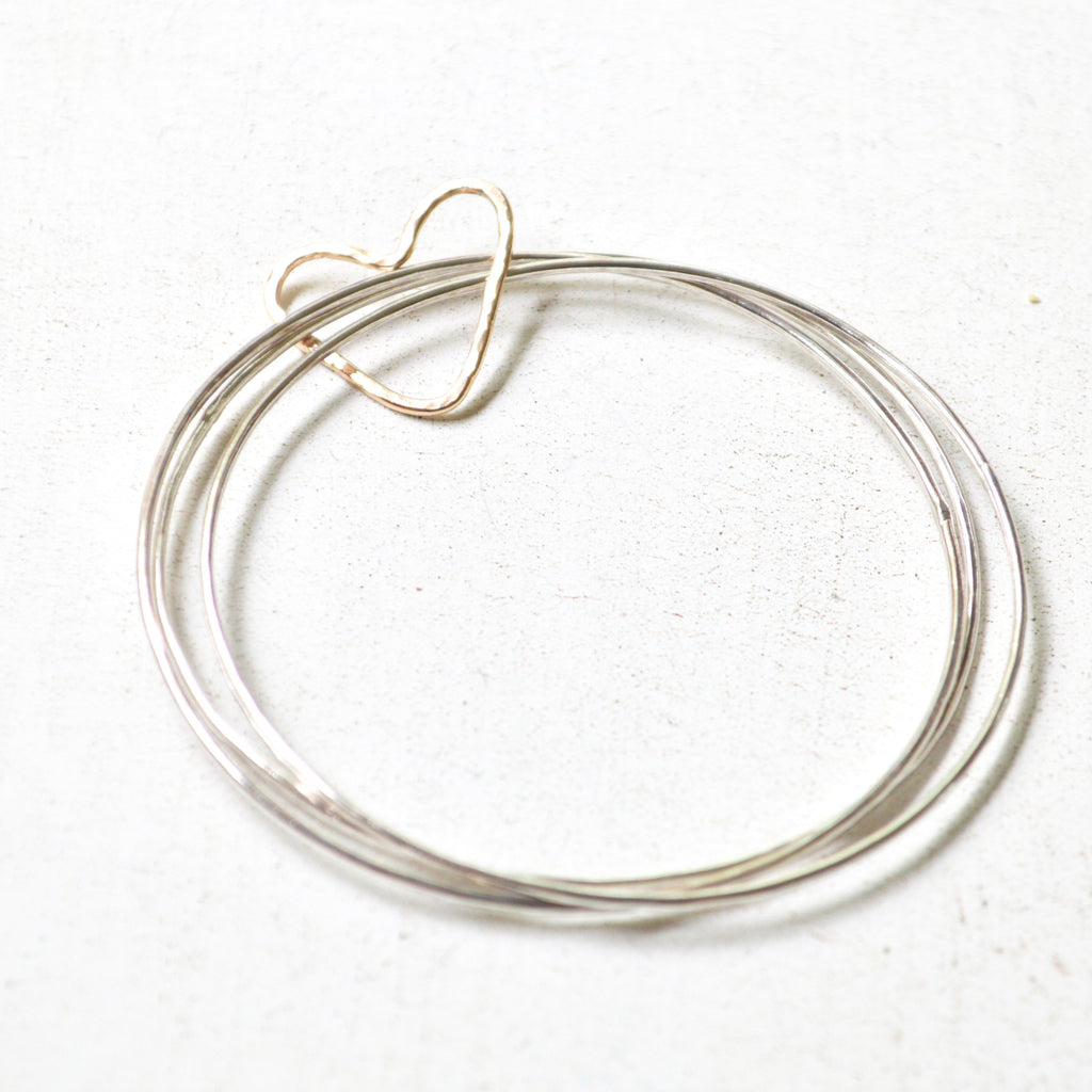 Triple Bangle Set with Floating Heart in Sterling Silver