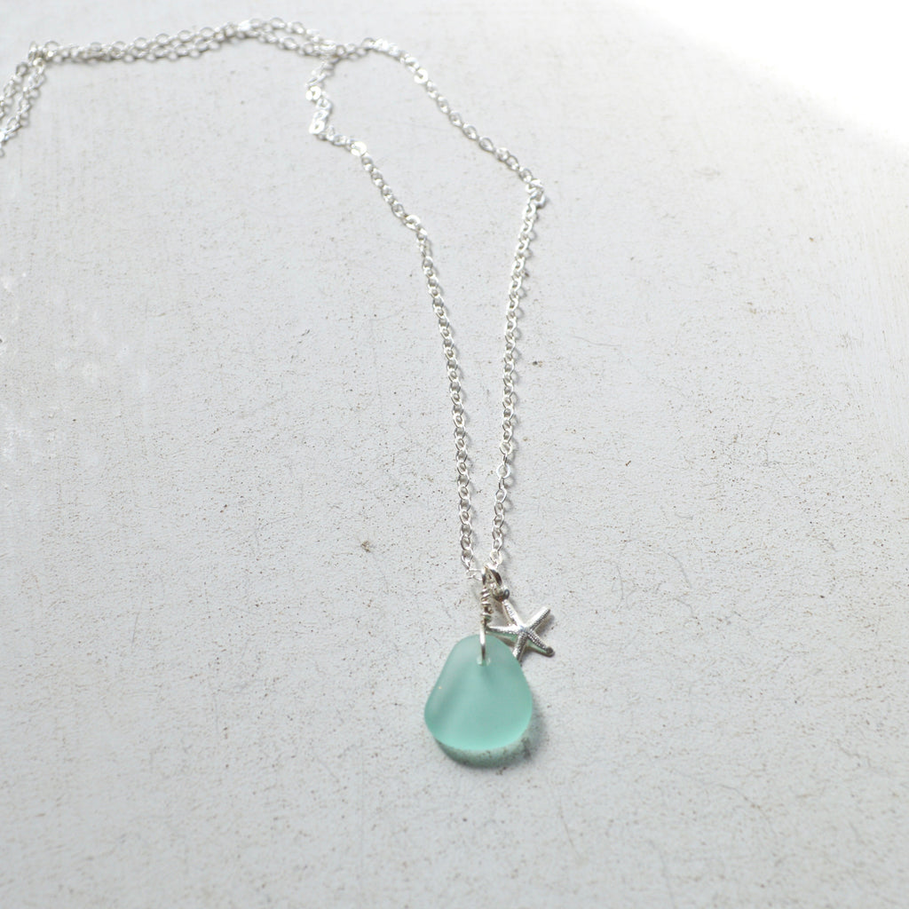 Tiny Sea Glass & Starfish Necklace in Sterling