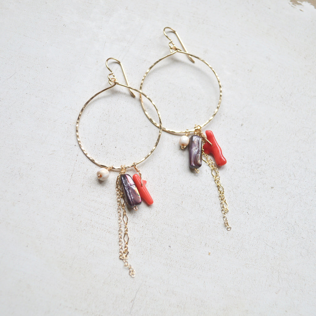 Coral and MOP Hoops in Gold