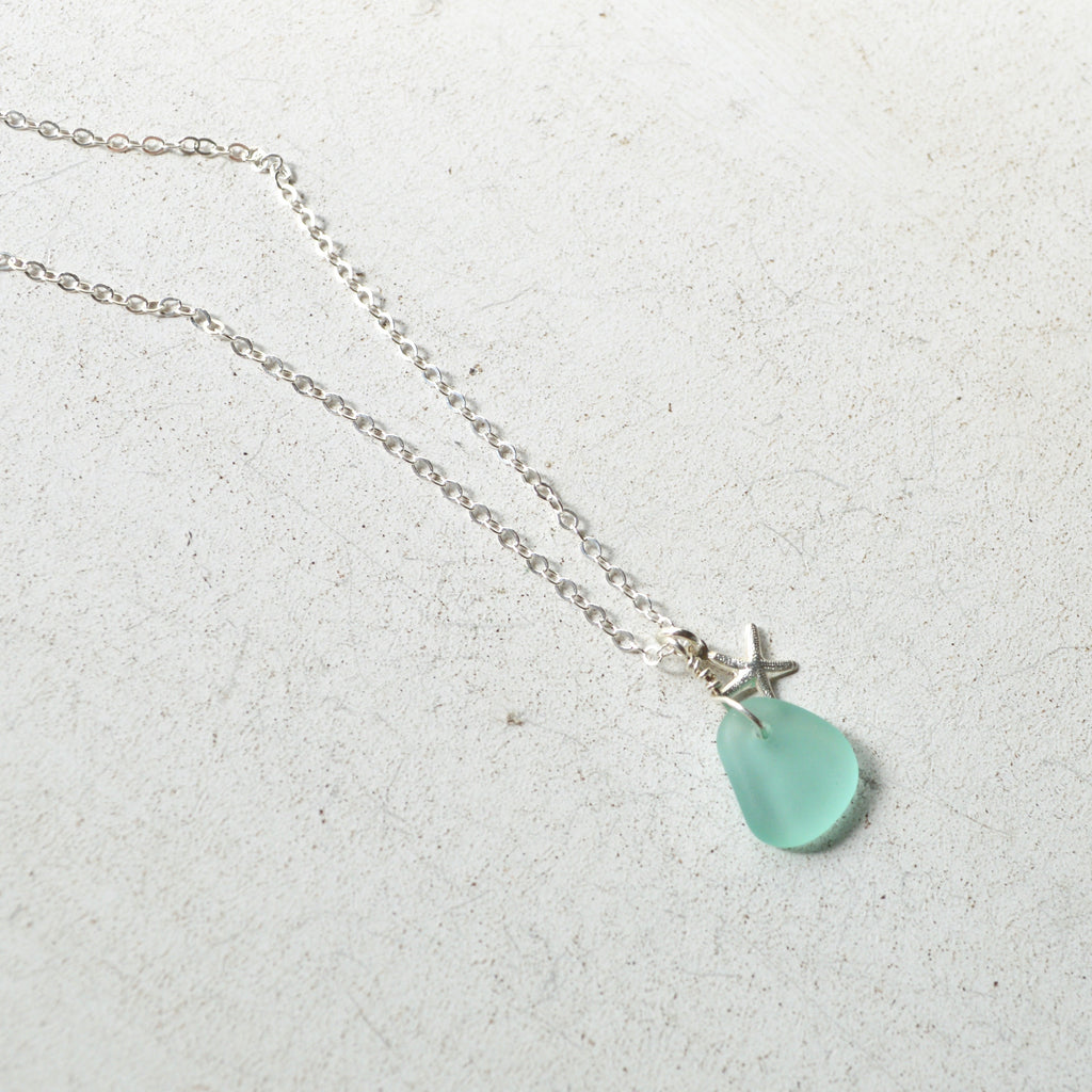 Tiny Sea Glass & Starfish Necklace in Sterling