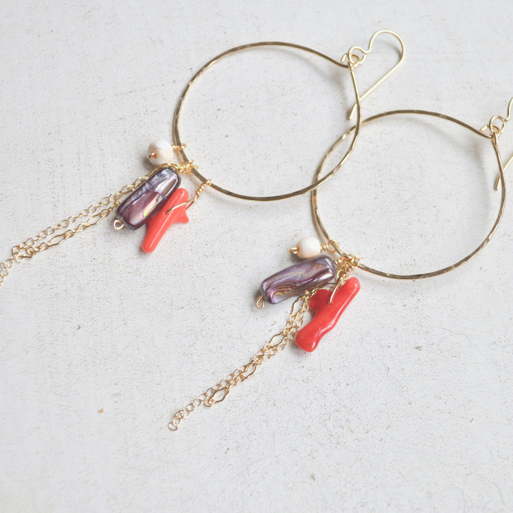 Coral and MOP Hoops in Gold